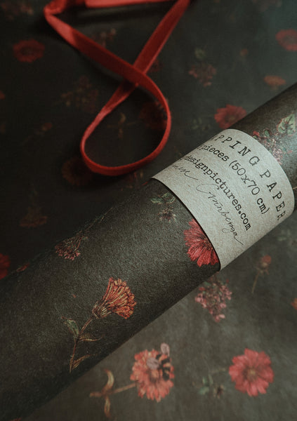 Florals on dark green kraft wrapping paper