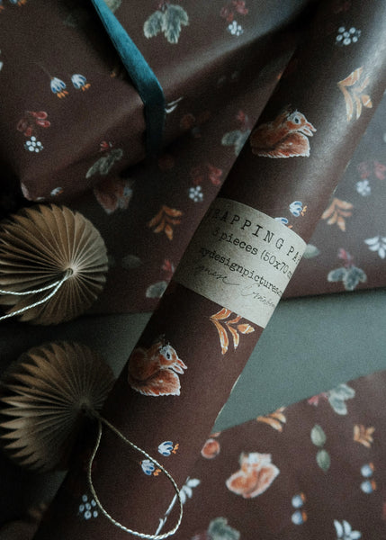 Christmas floral&brown on white wrapping paper