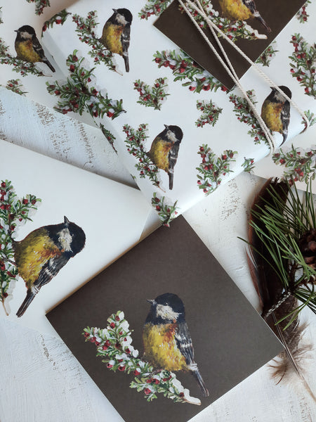 Tit bird on dark green, folded card