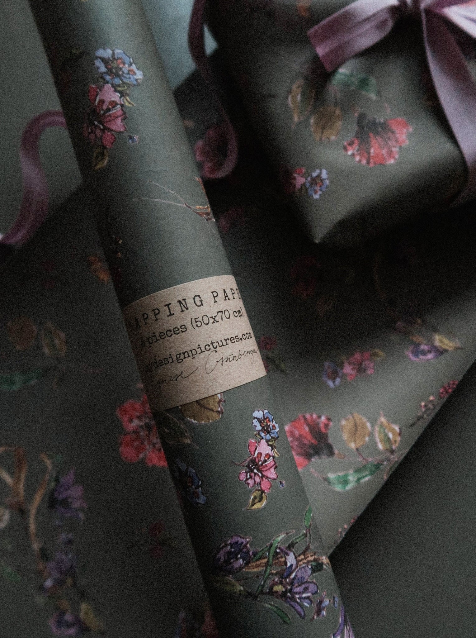 SET OF 3 pieces FLOWERS ON DARK GREY wrapping paper