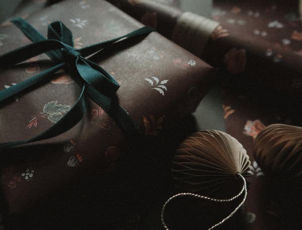 Christmas floral&brown on white wrapping paper