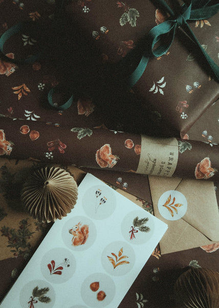 Christmas floral&brown on white wrapping paper