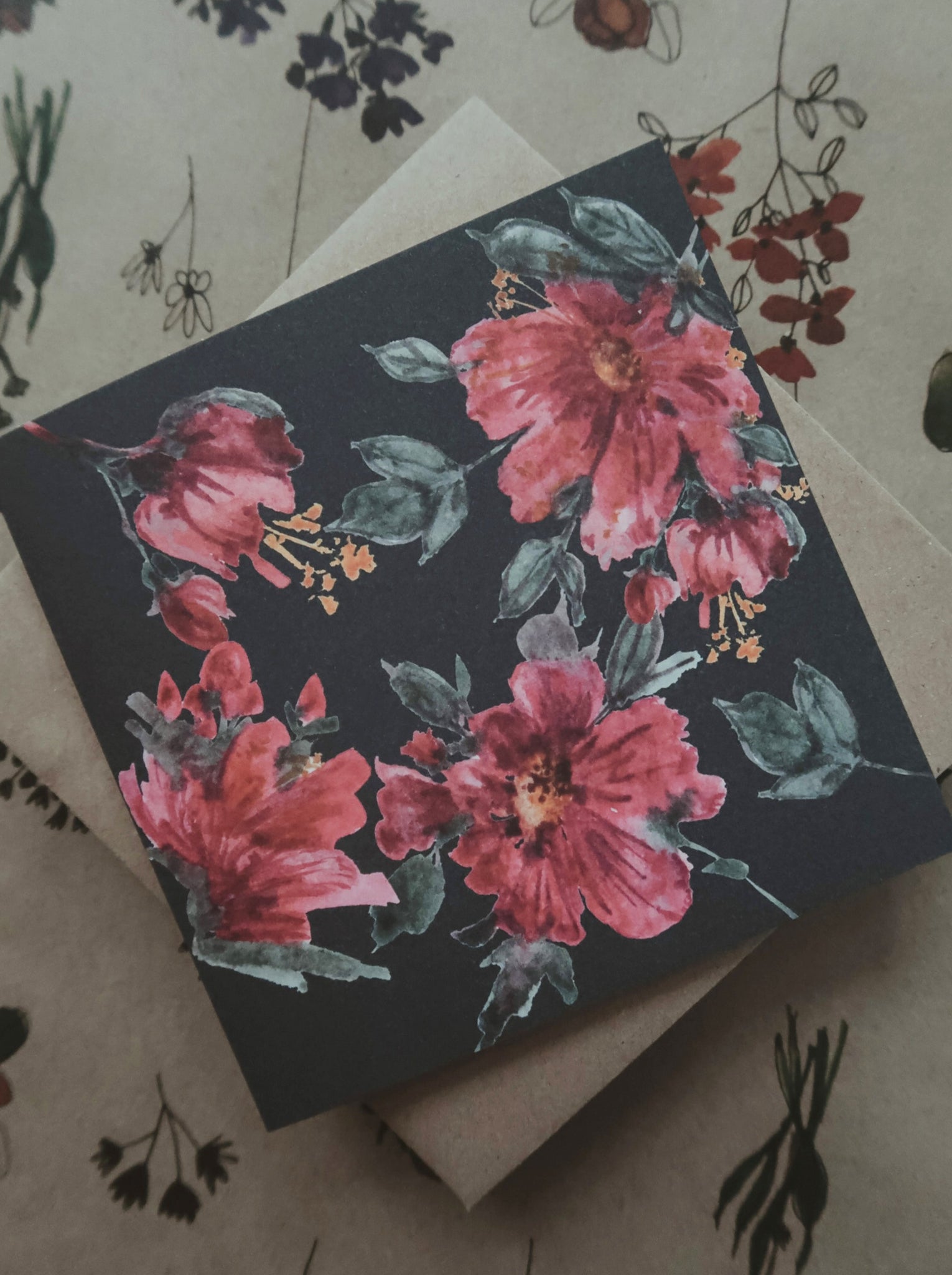 Deep pink floral card, folded card