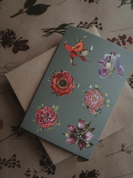 Six romantic flowers on dark grey, postcard
