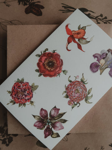 Six romantic flowers, postcard
