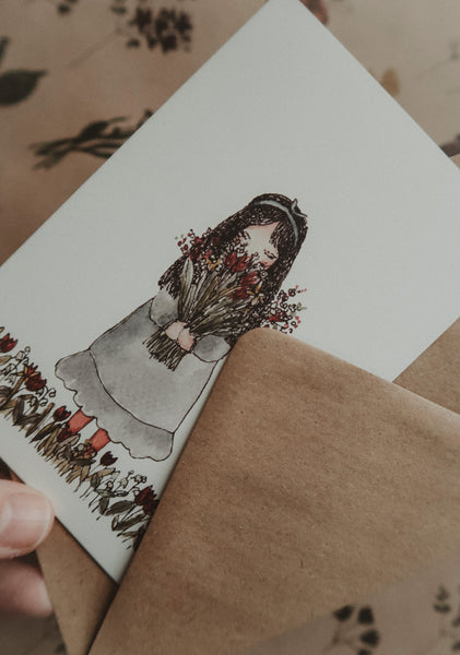 Girl with flowers, folded card