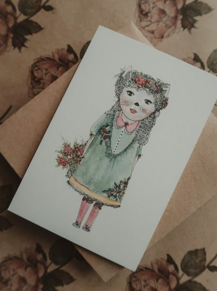 Kitty girl with flowers postcard