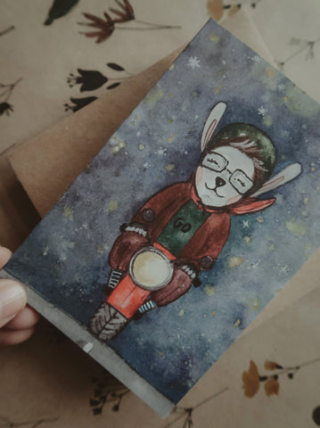 Bunny riding a motorcycle, folded card