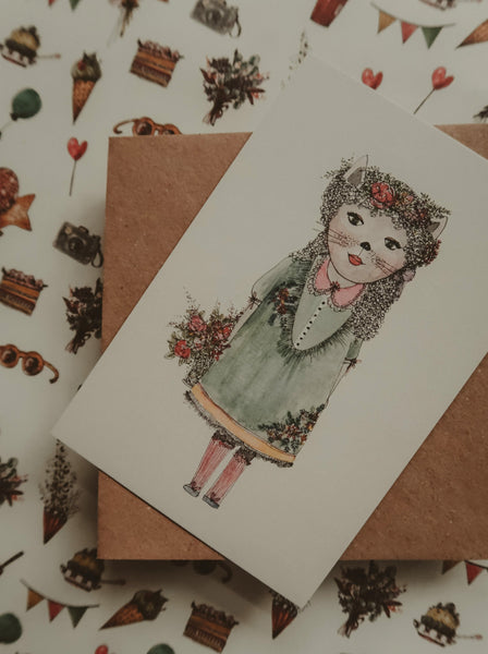Kitty girl with flowers postcard