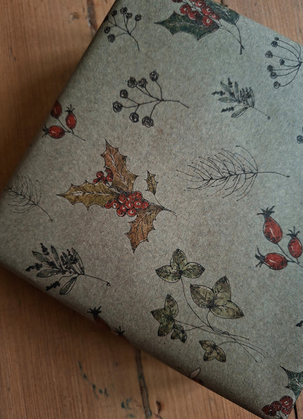 Winter florals kraft wrapping paper