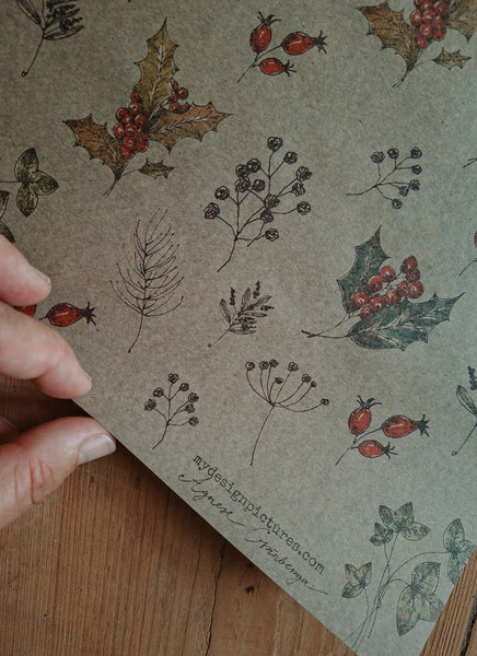 Winter florals kraft wrapping paper