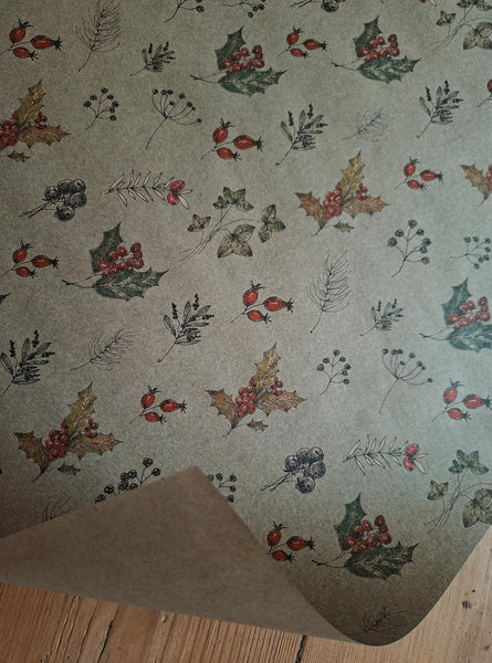 Winter florals kraft wrapping paper