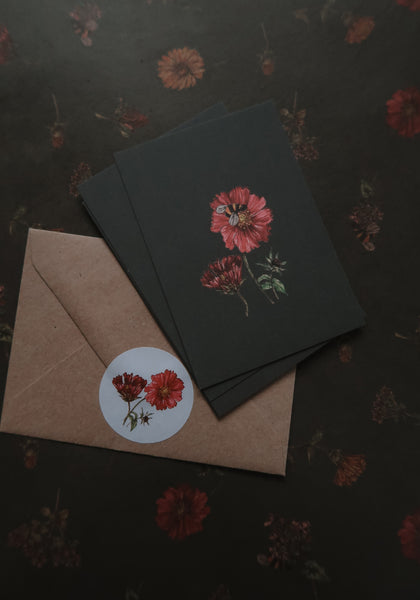 Red flower with a bee  / small flat card