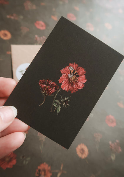 Red flower with a bee  / small flat card