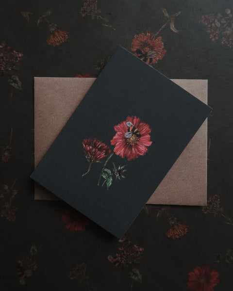 Red flower with a bee  / small flat card