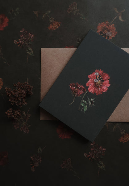 Red flower with a bee  / small flat card