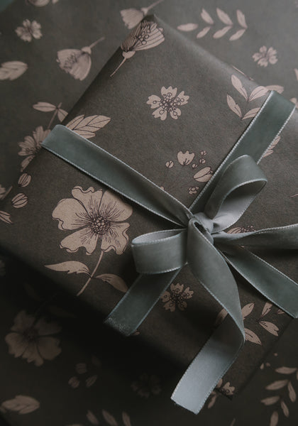 SET OF 3 pieces FLORAL gray blue kraft wrapping paper