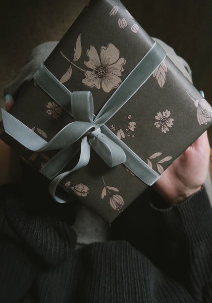 SET OF 3 pieces FLORAL gray blue kraft wrapping paper