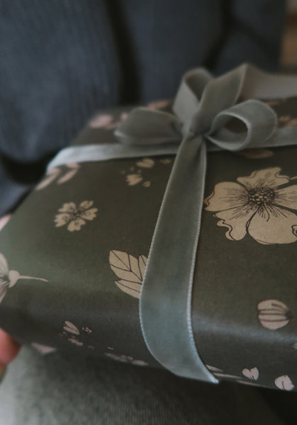 SET OF 3 pieces FLORAL gray blue kraft wrapping paper