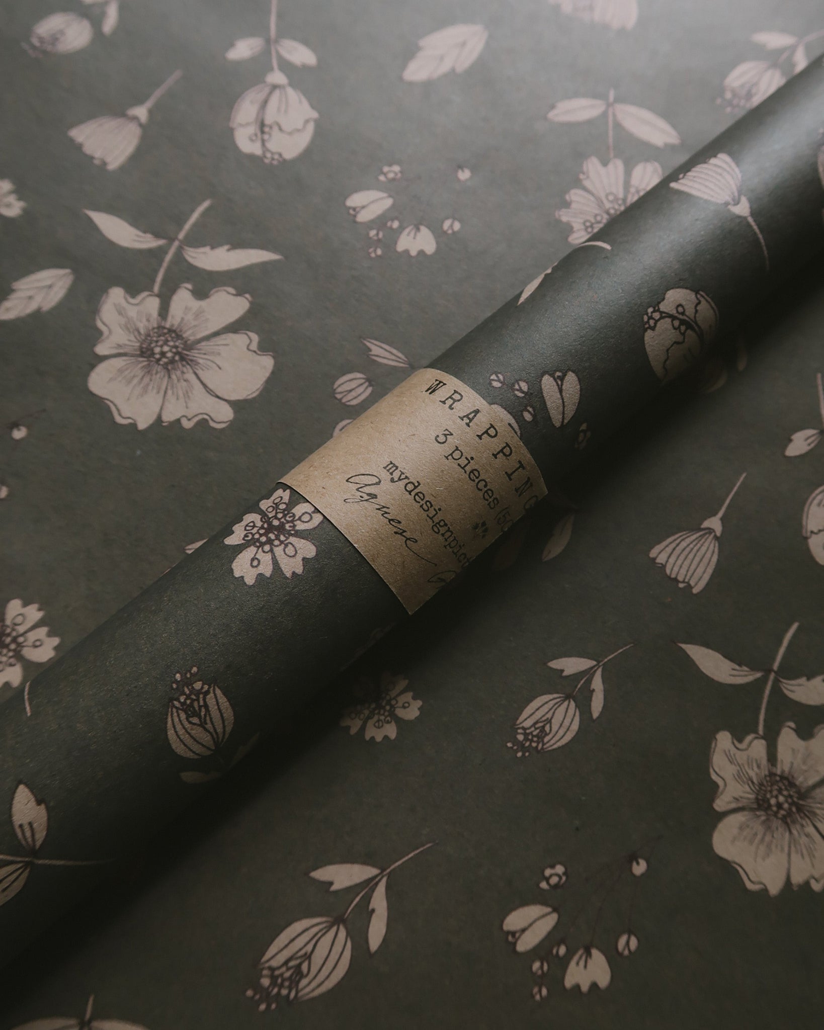 SET OF 3 pieces FLORAL gray blue kraft wrapping paper