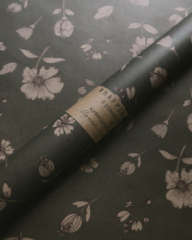 SET OF 3 pieces FLORAL gray blue kraft wrapping paper