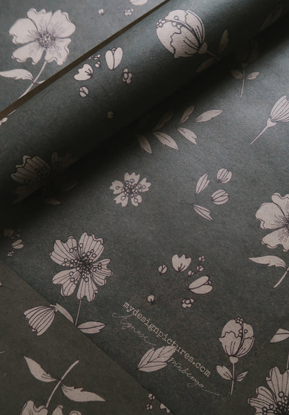 FLORAL gray blue kraft wrapping paper