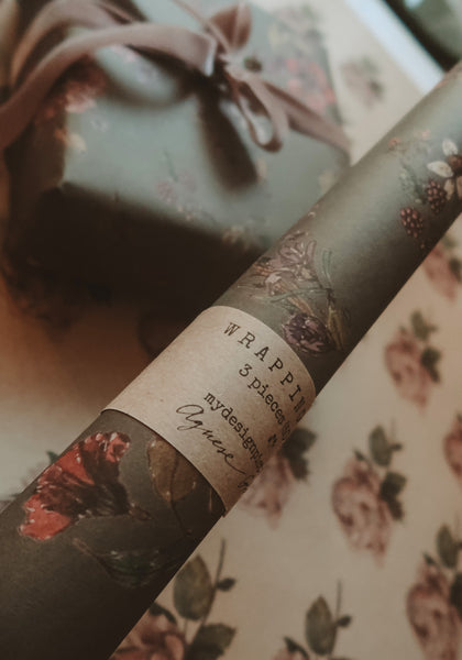 SET of 3 Flowers on dark gray kraft wrapping paper