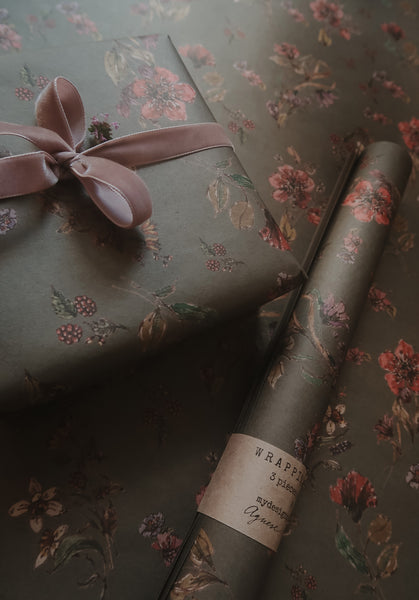 Flowers on dark gray kraft wrapping paper