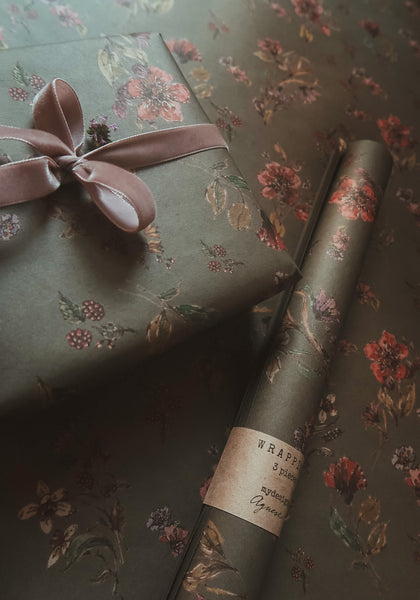 SET of 3 Flowers on dark gray kraft wrapping paper