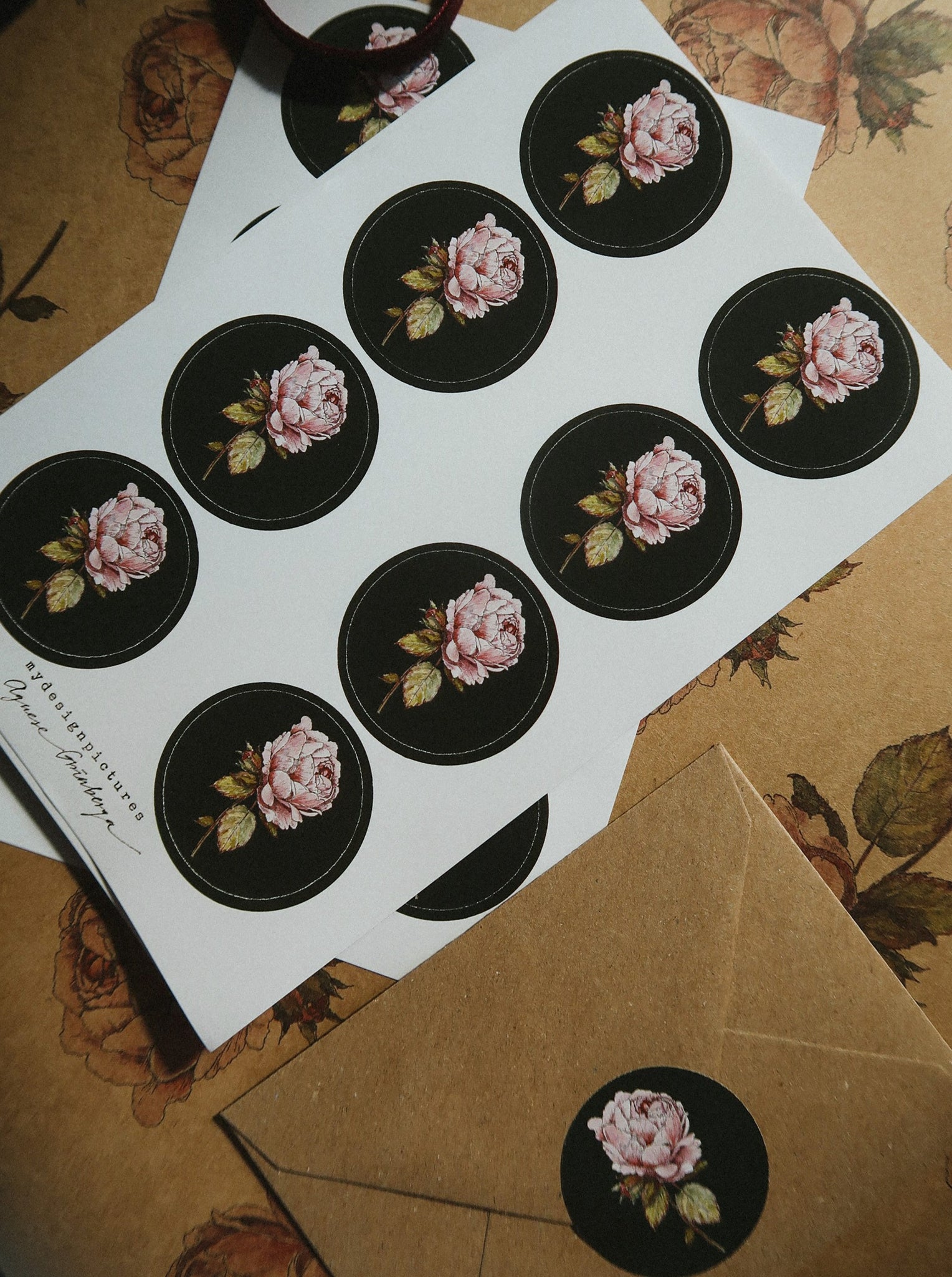Vintage rose on black sticker set