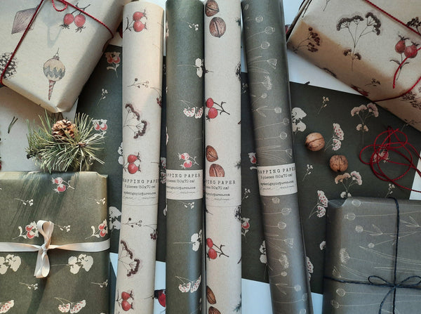 SET OF 3 pieces FLORAL deep green wrapping paper