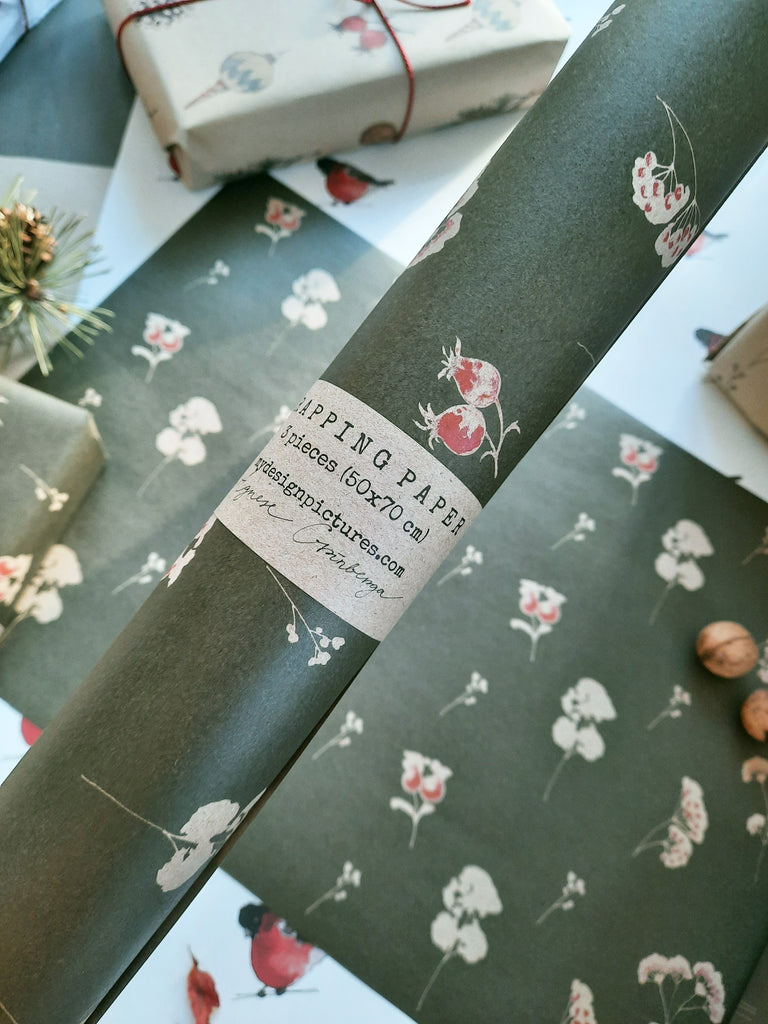 Floral winter wrapping paper kraft deep green – MYDESIGNPICTURES