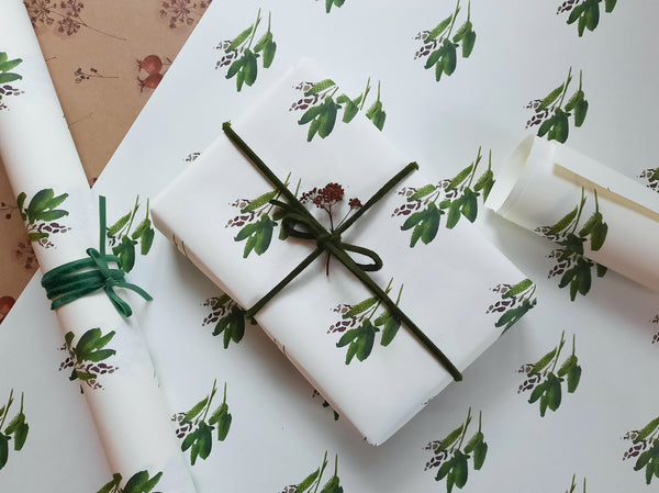 Green leaves pure white wrapping paper