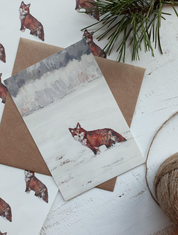 Fox in a winter landscape, postcard