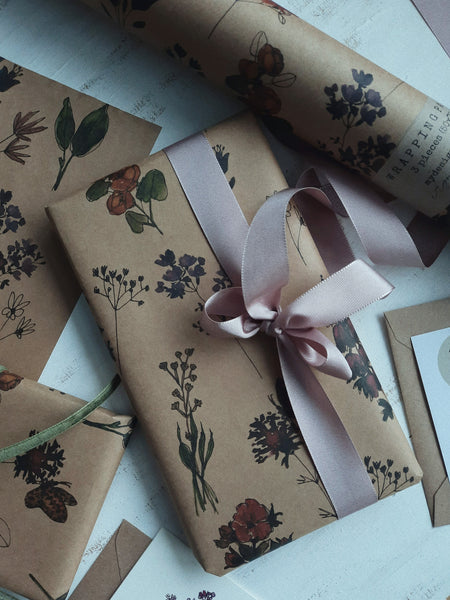 SET OF 3 pieces MEADOW FLOWERS kraft wrapping paper