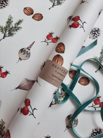 SET OF 3 pieces CHRISTMAS FLORAL&BROWN on white wrapping paper –  MYDESIGNPICTURES