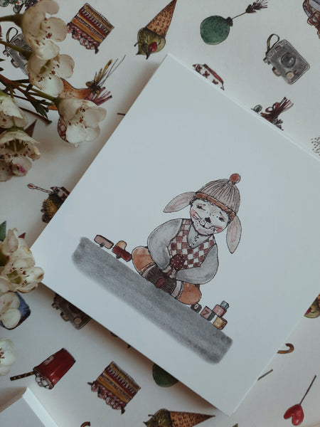 Bunny boy card, square flat card
