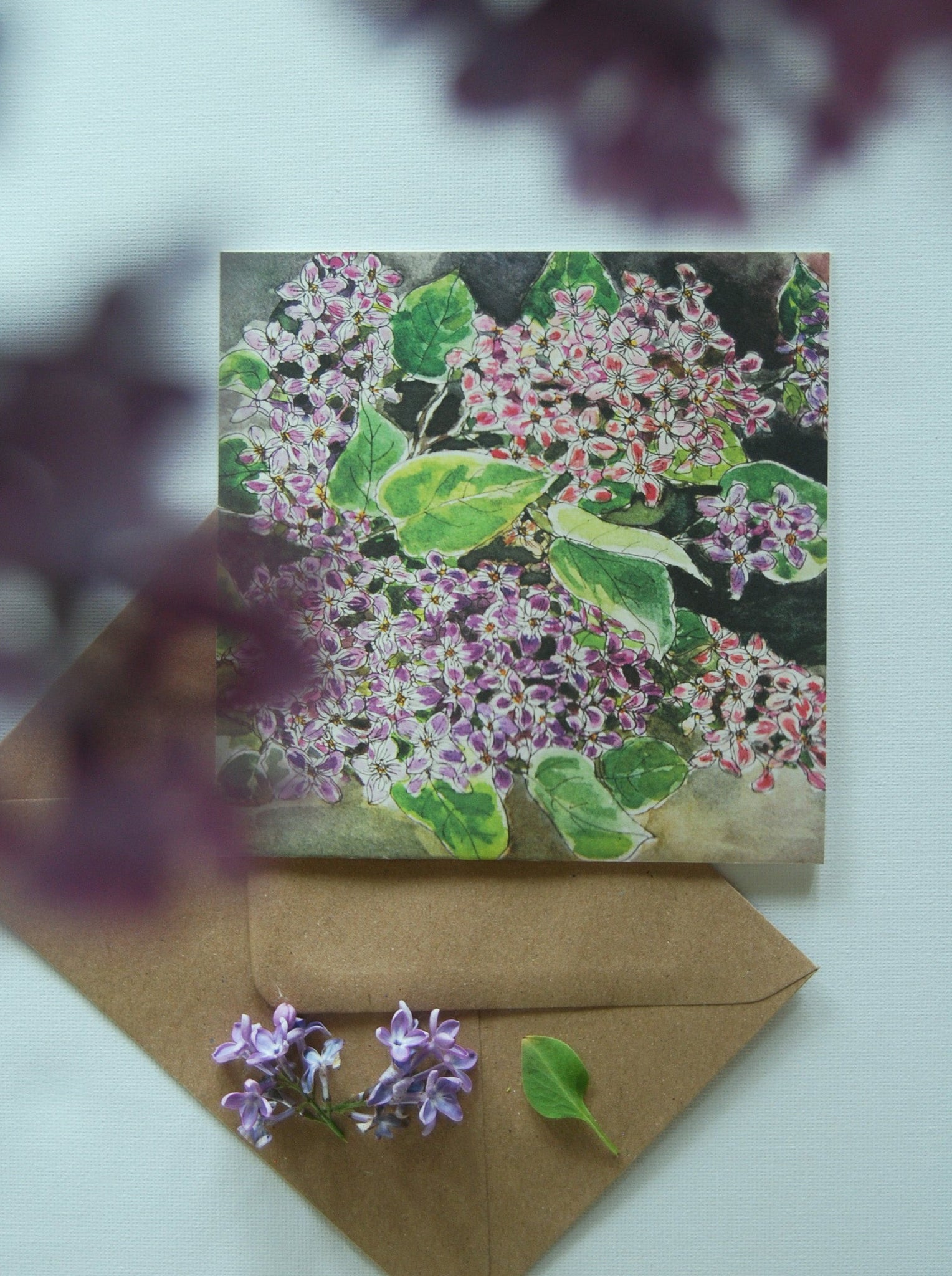 Purple and pink lilacs card, folded card