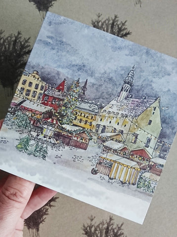 Christmas market in old town, folded card